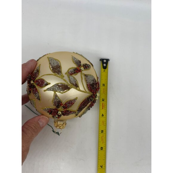 Vintage Kirkland Jeweled Poinsettia Glass Ornament Seed Beads Gliter Ball pair - Picture 12 of 13